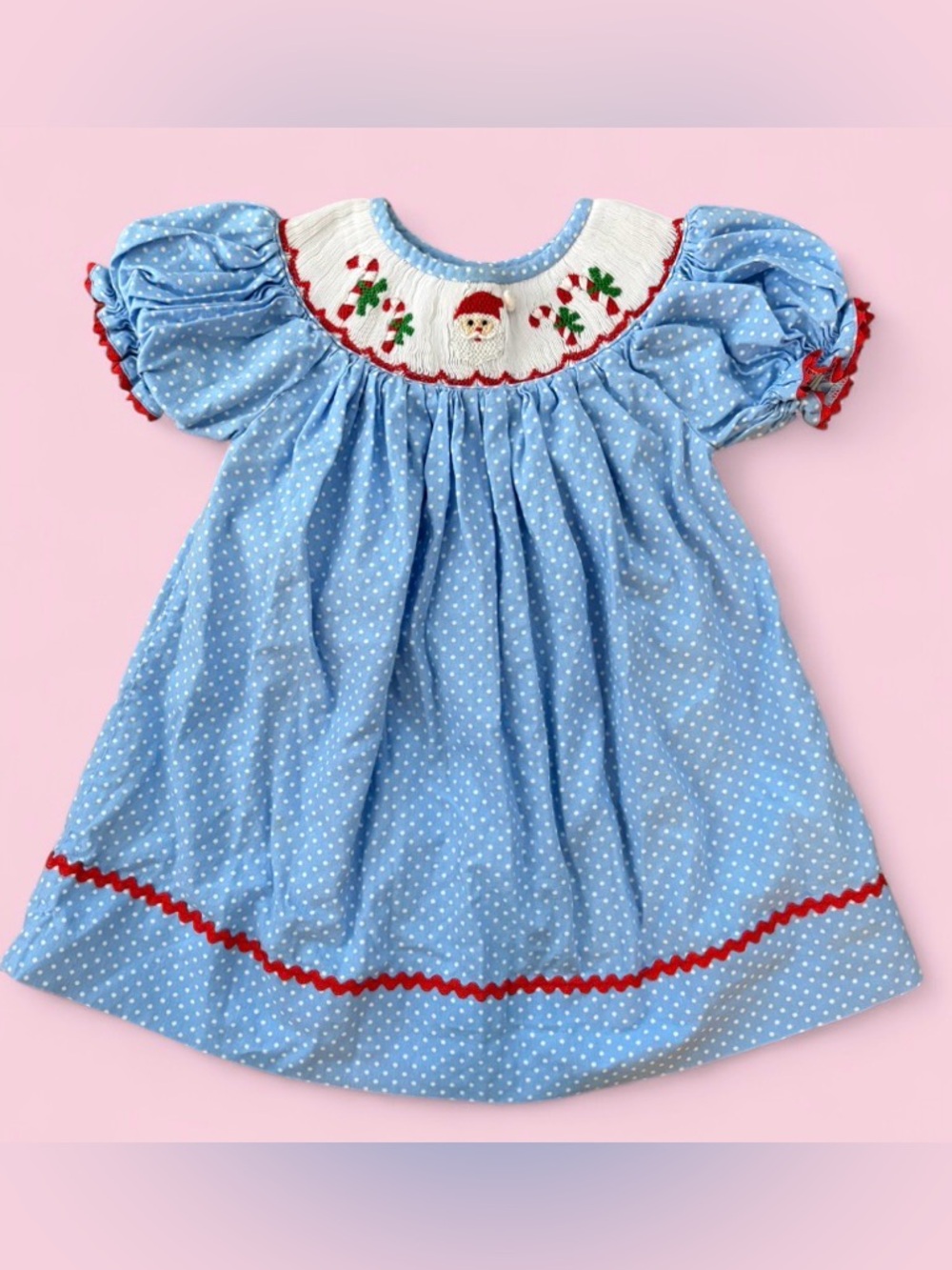 Cecil & Lou Blue Polka Dot Smocked Holiday Dress with Red Trim Sz 12m